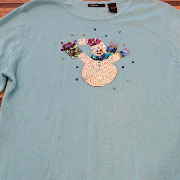 Empress Aqua Sequin Snowman Holiday Crew Neck Sweater - Picture 2 of 9
